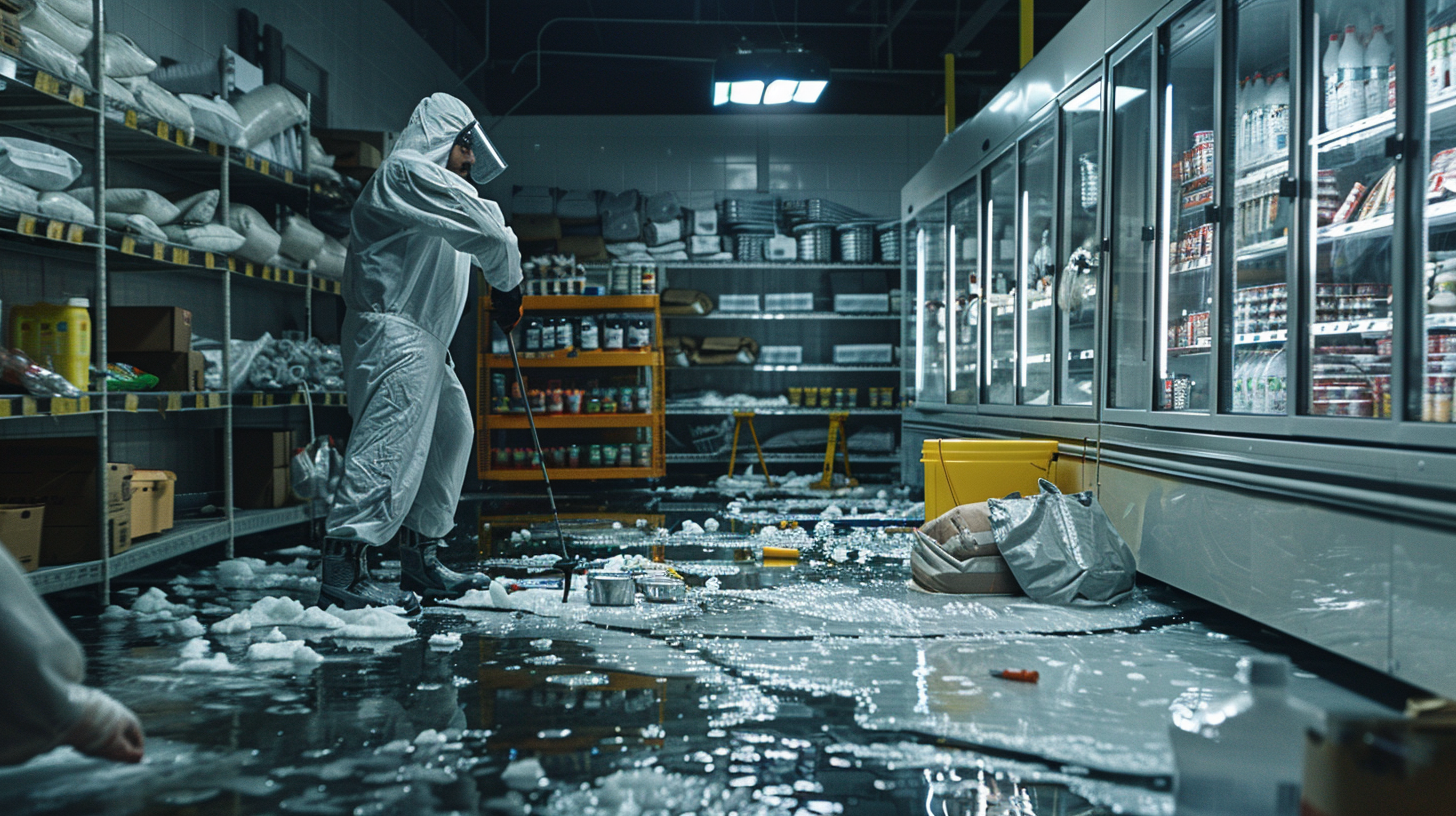 man in bio hazard suit cleaning frozen concrete floor