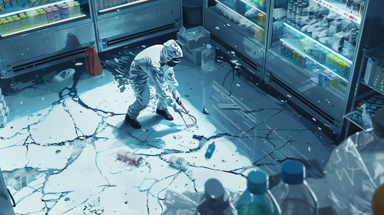 technician in protective gear preparing to repair frozen concrete floor