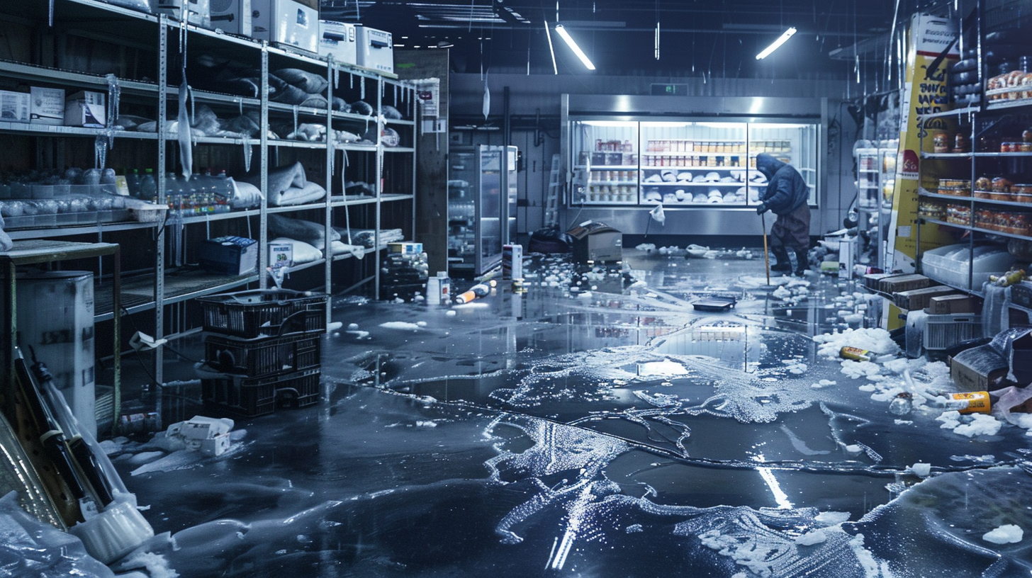 technician in protective clothing cleaning concrete floor in flooded freezer